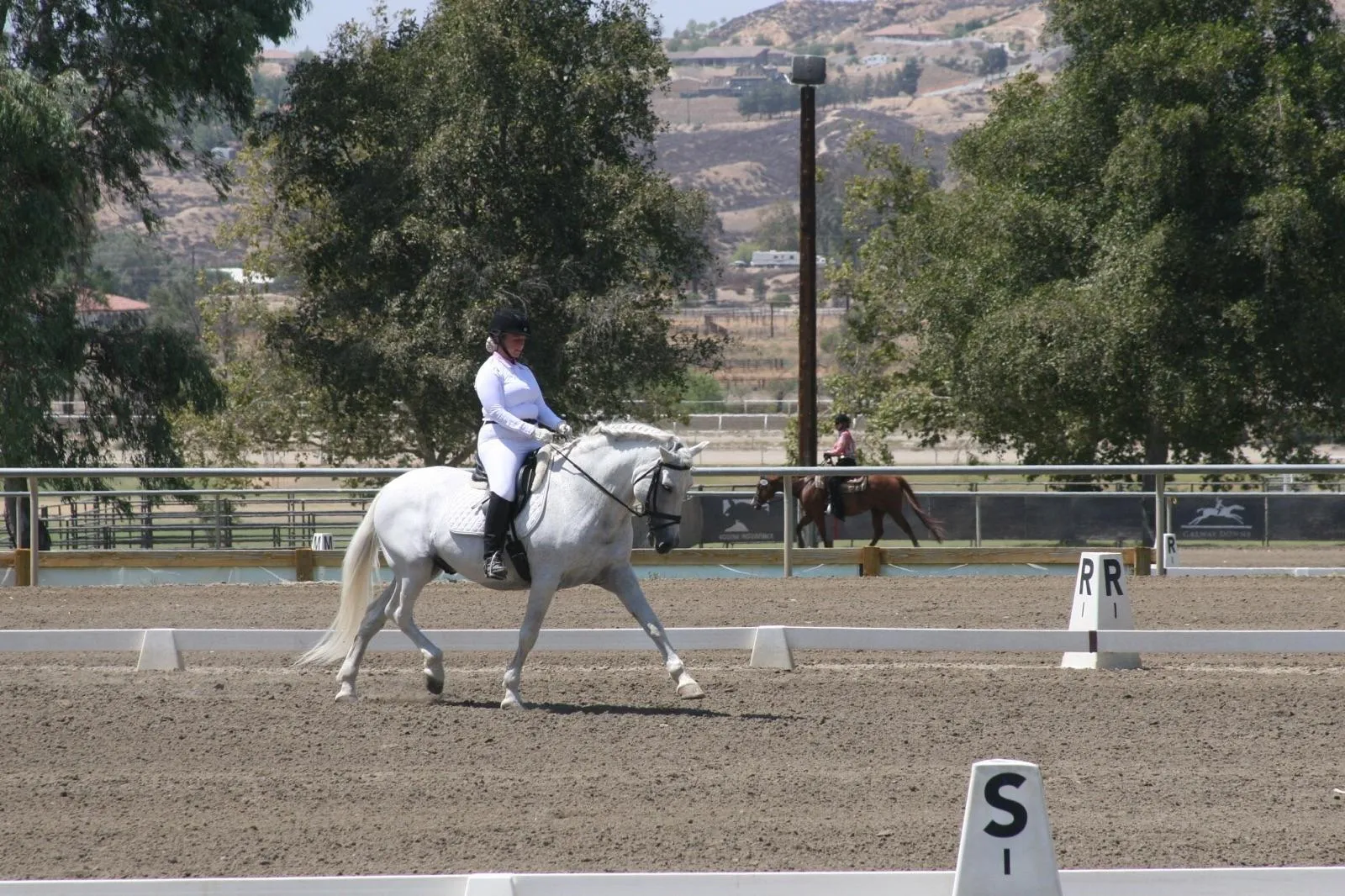 Dressage rider in white on a grey horse performing at an outdoor competition arena